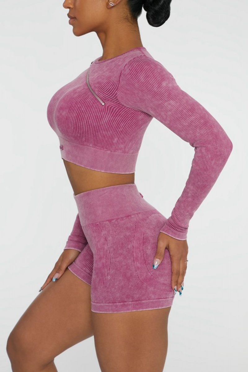 Dark Pink Women's Bo And Tee Long Sleeve High Neck Zip Crop Tops | 15342-RVJF