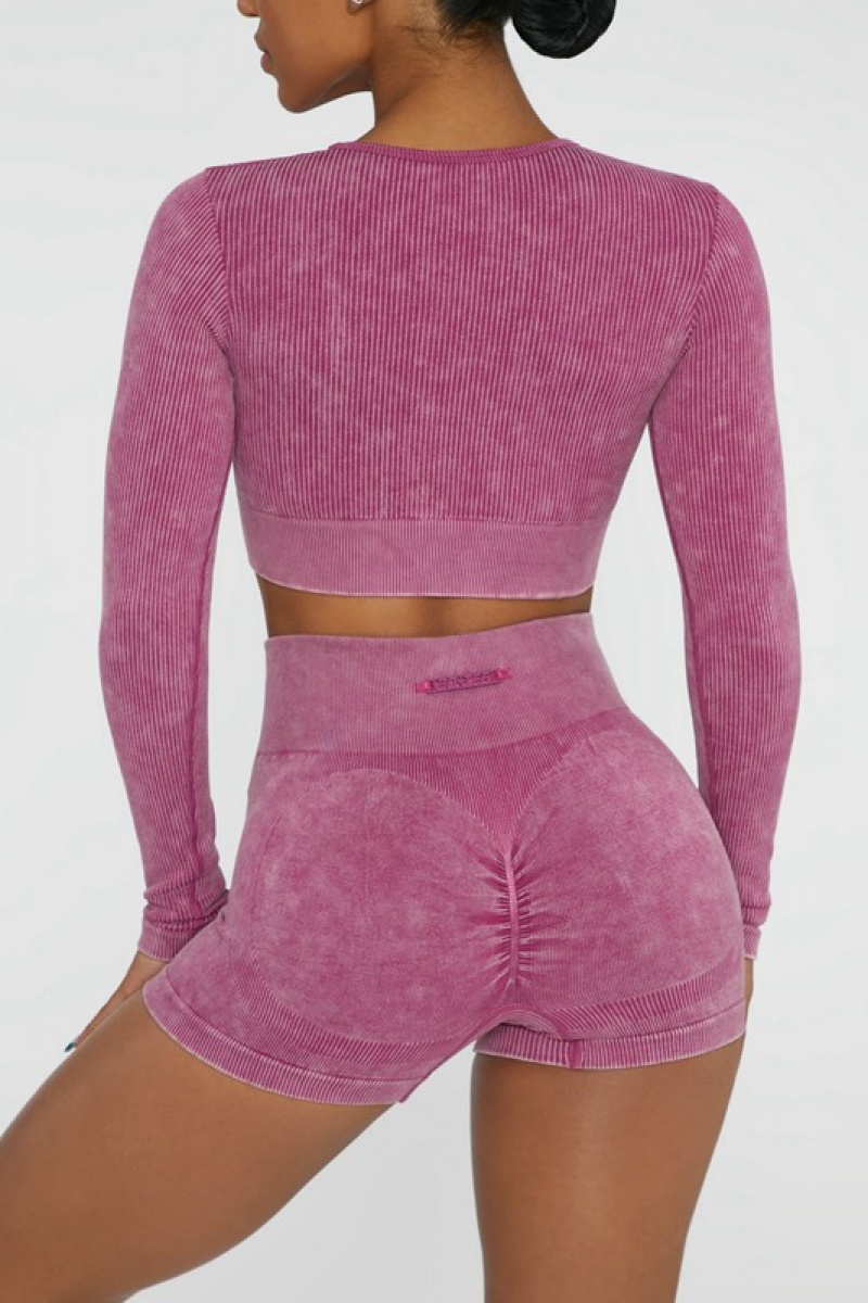 Dark Pink Women's Bo And Tee Long Sleeve High Neck Zip Crop Tops | 15342-RVJF