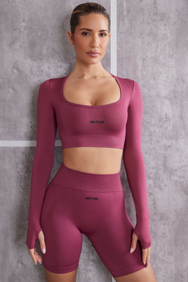 Dark Rose Women's Bo And Tee Long Sleeve Crop Tops | 15267-BYFM