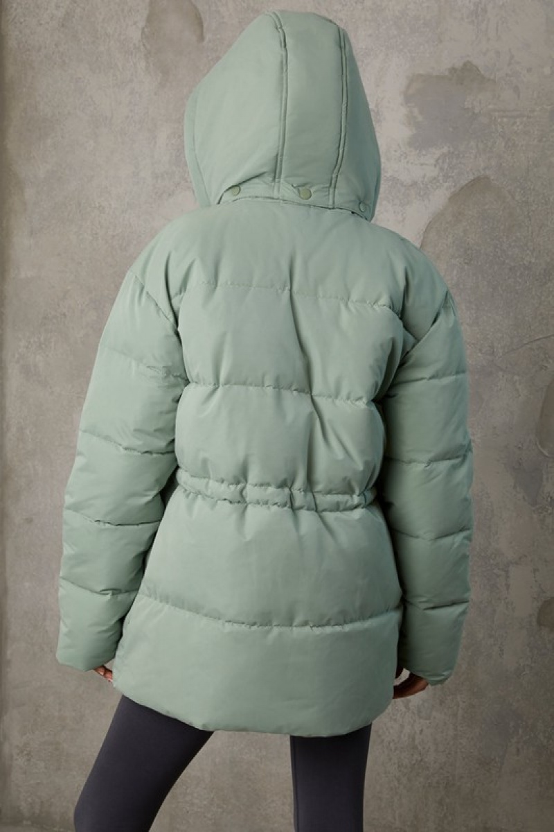 Green Women's Bo And Tee Mid Length Hooded Puffer Coat | 42358-ONZR