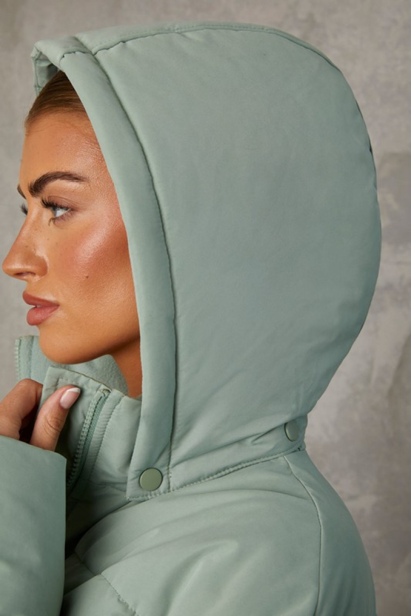 Green Women's Bo And Tee Mid Length Hooded Puffer Coat | 42358-ONZR