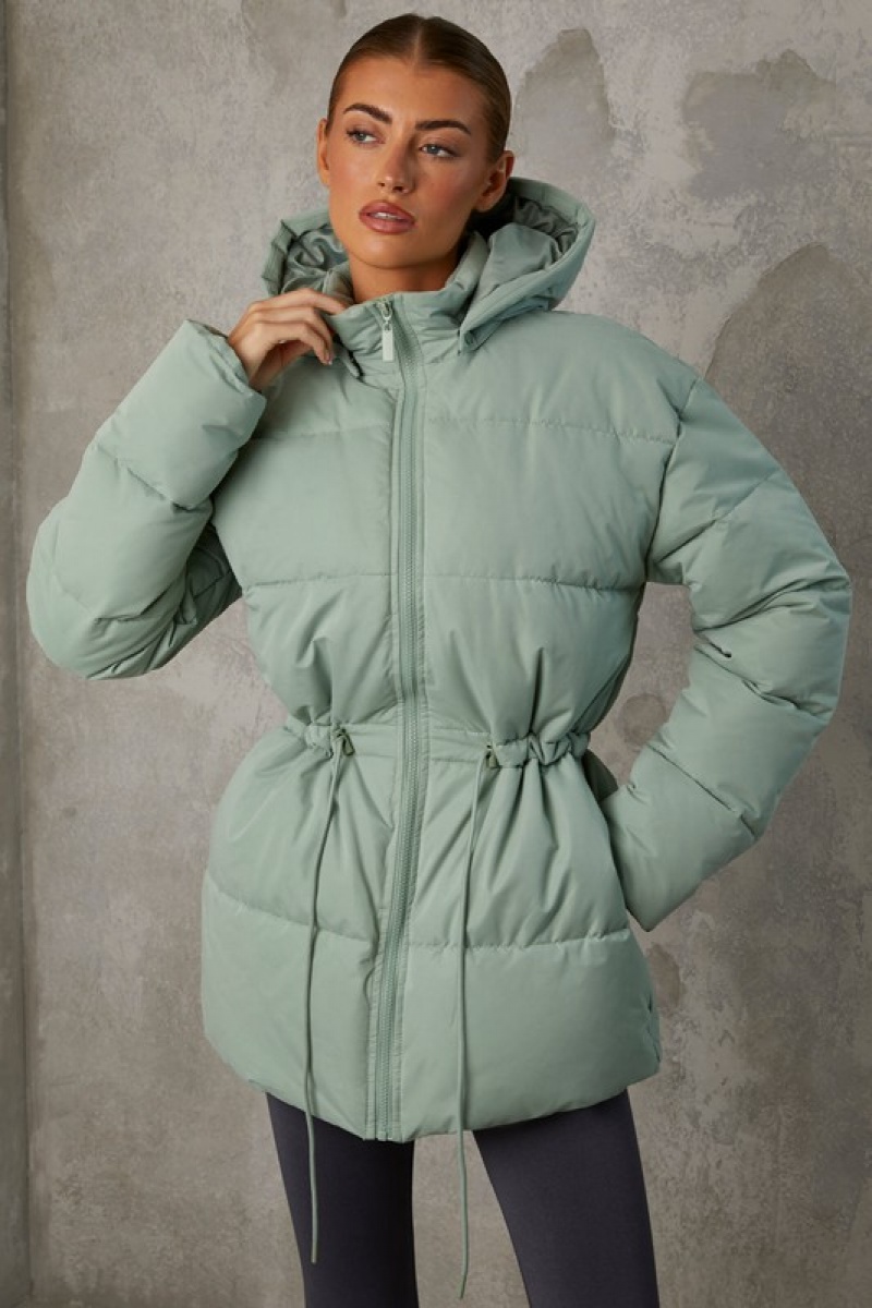 Green Women's Bo And Tee Mid Length Hooded Puffer Coat | 42358-ONZR