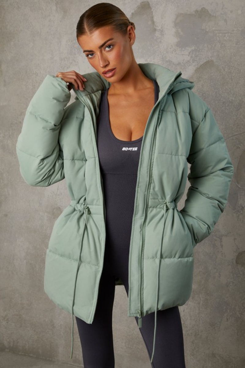 Green Women's Bo And Tee Mid Length Hooded Puffer Coat | 42358-ONZR