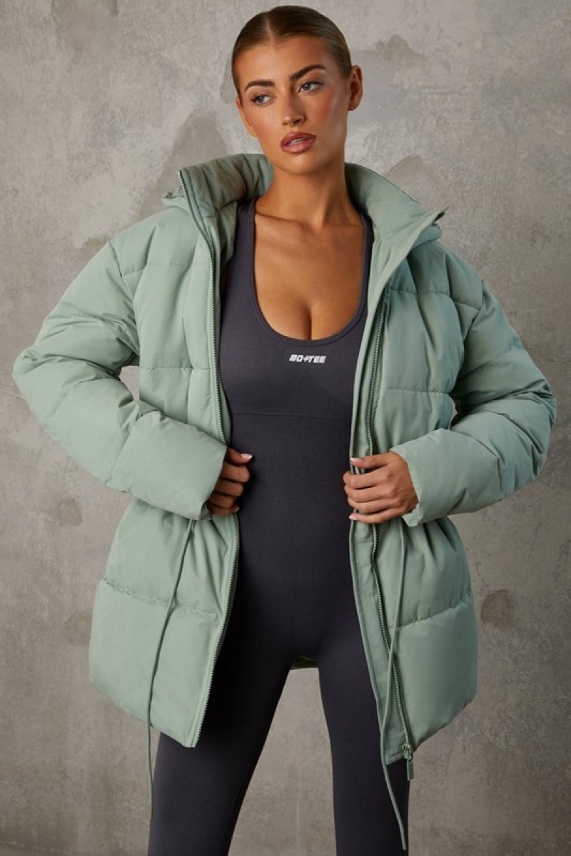 Green Women's Bo And Tee Mid Length Hooded Puffer Coat | 42358-ONZR