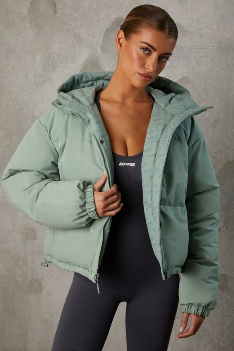 Green Women's Bo And Tee Reversible Hooded Puffer Jacket | 98537-WYUO