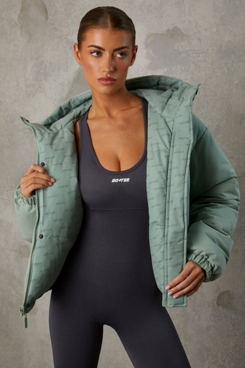 Green Women's Bo And Tee Reversible Hooded Puffer Jacket | 98537-WYUO