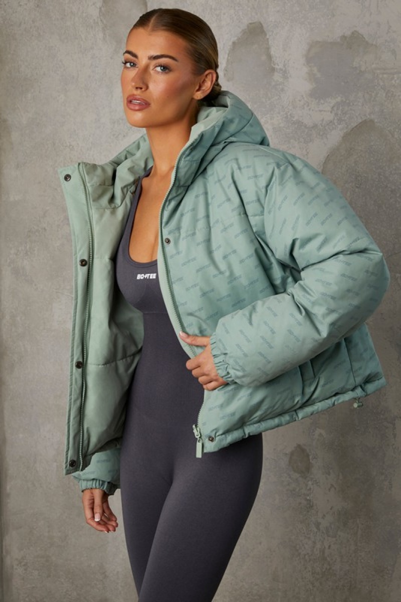 Green Women's Bo And Tee Reversible Hooded Puffer Jacket | 98537-WYUO