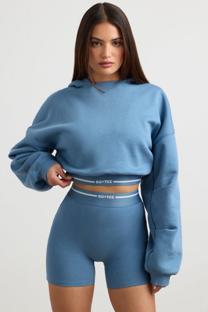 Grey Blue Women's Bo And Tee Cropped Hoodie | 64058-BMZX