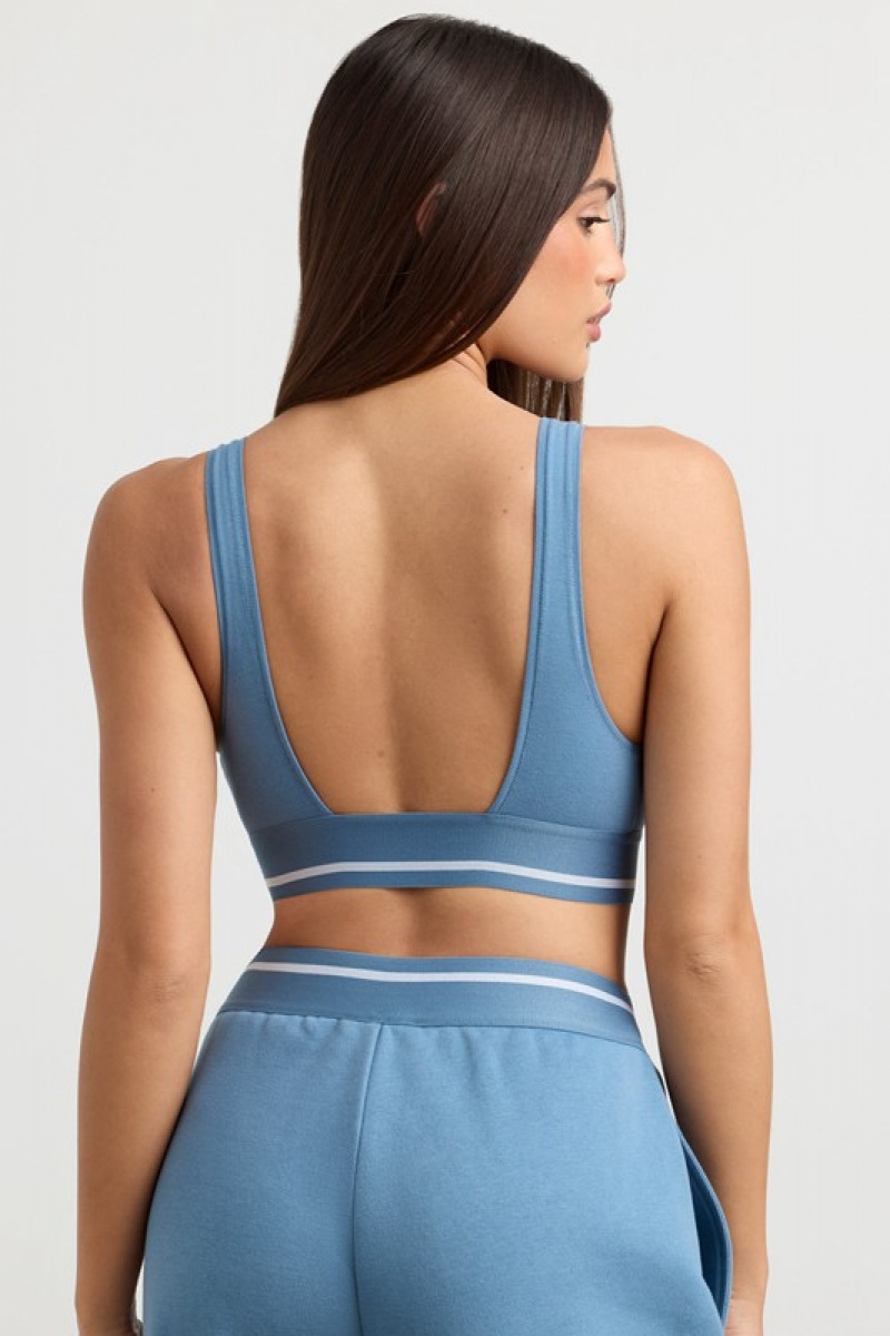 Grey Blue Women's Bo And Tee Plunge-Neck Crop Tops | 48103-NYAJ