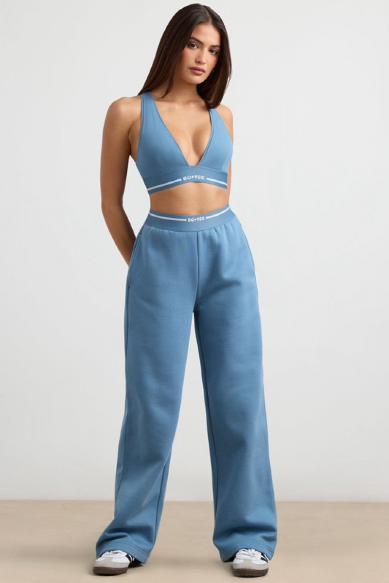 Grey Blue Women's Bo And Tee Plunge-Neck Crop Tops | 48103-NYAJ