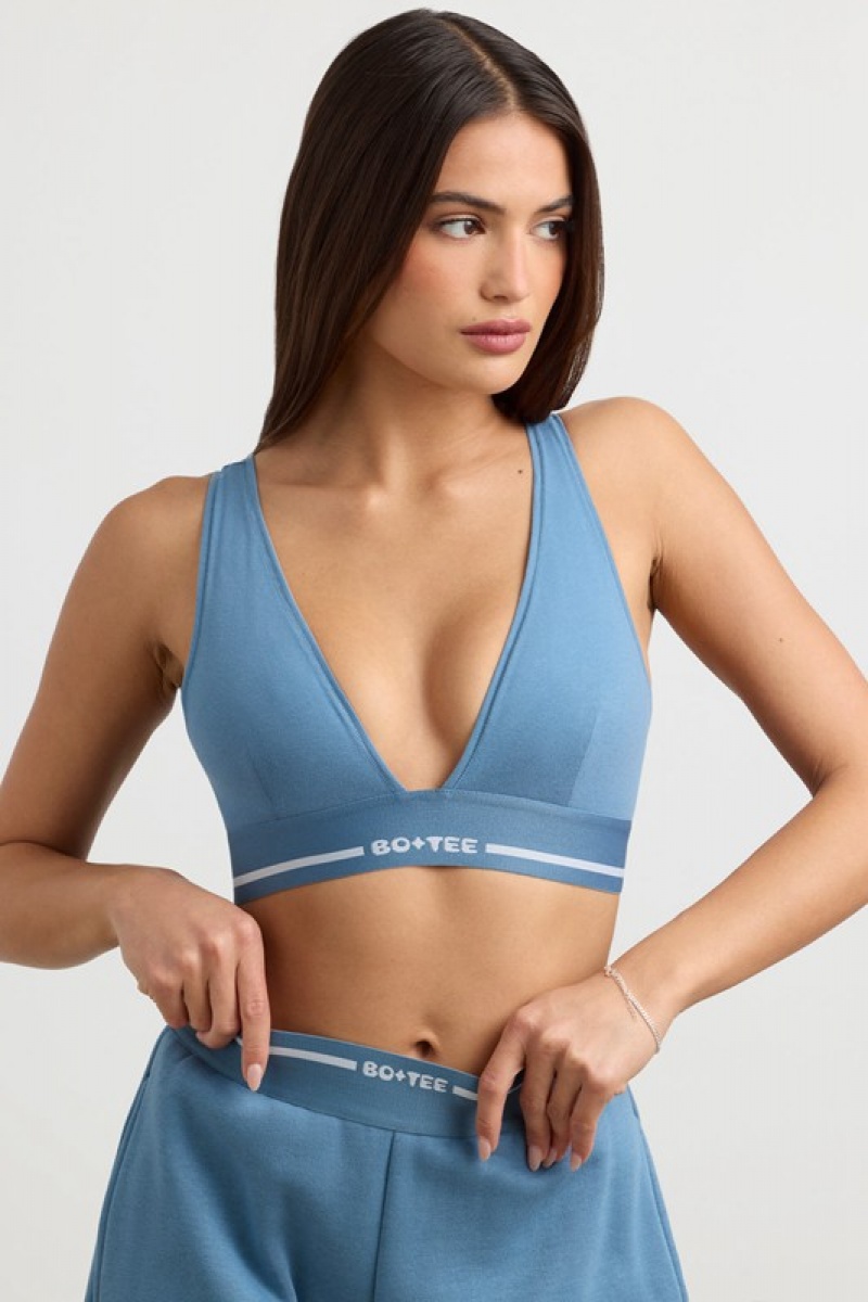 Grey Blue Women's Bo And Tee Plunge-Neck Crop Tops | 48103-NYAJ