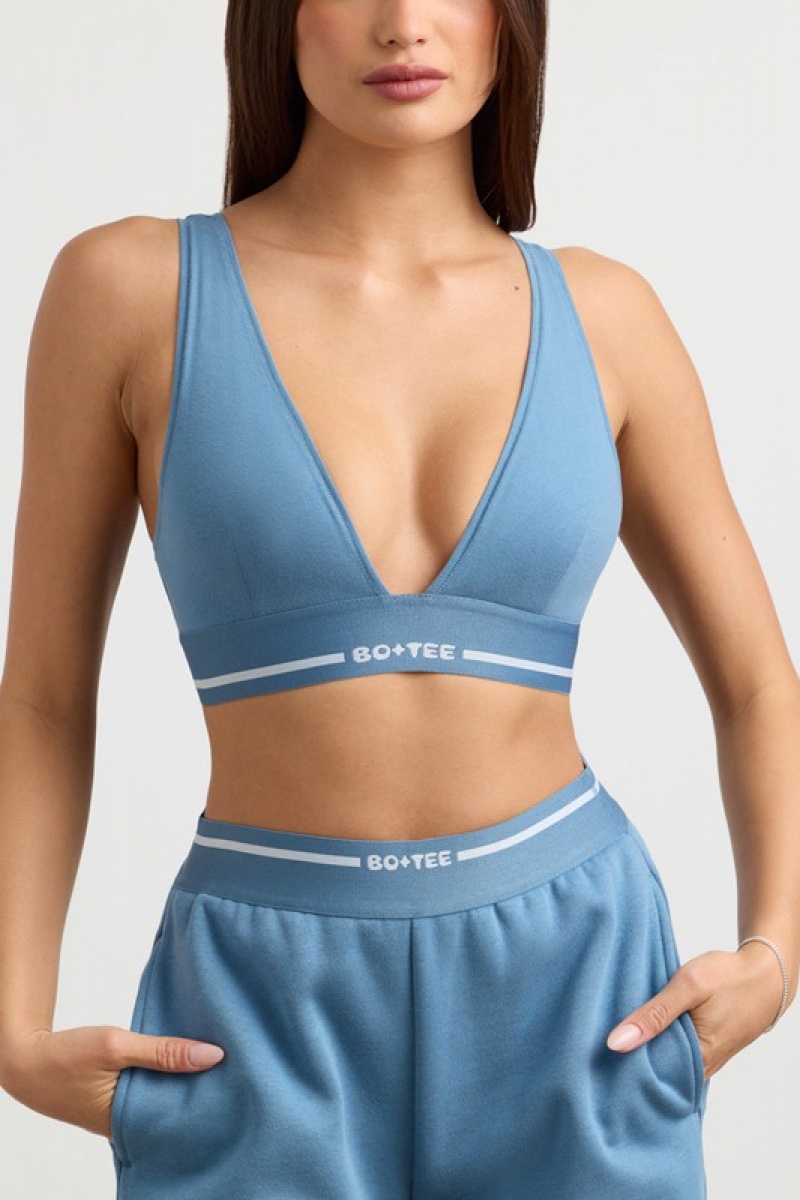 Grey Blue Women's Bo And Tee Plunge-Neck Crop Tops | 48103-NYAJ