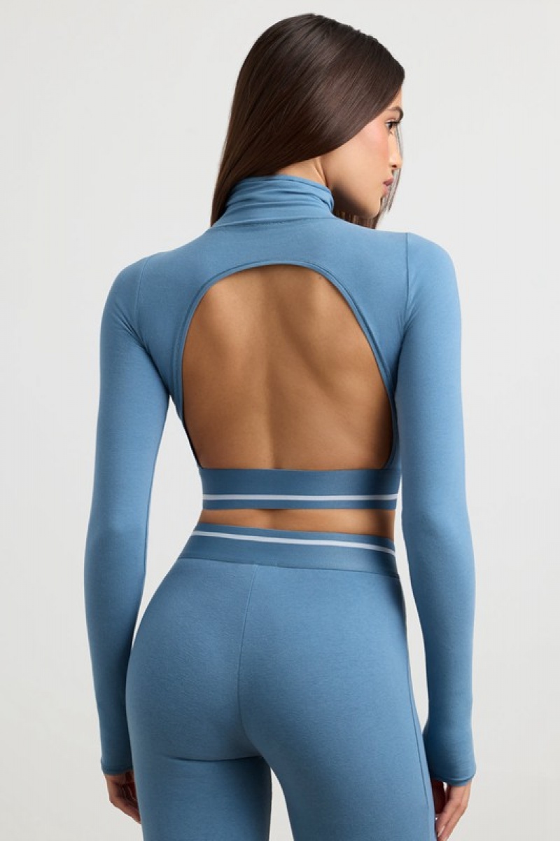 Grey Blue Women's Bo And Tee Turtleneck Backless Long-Sleeve Crop Tops | 40368-VIOD