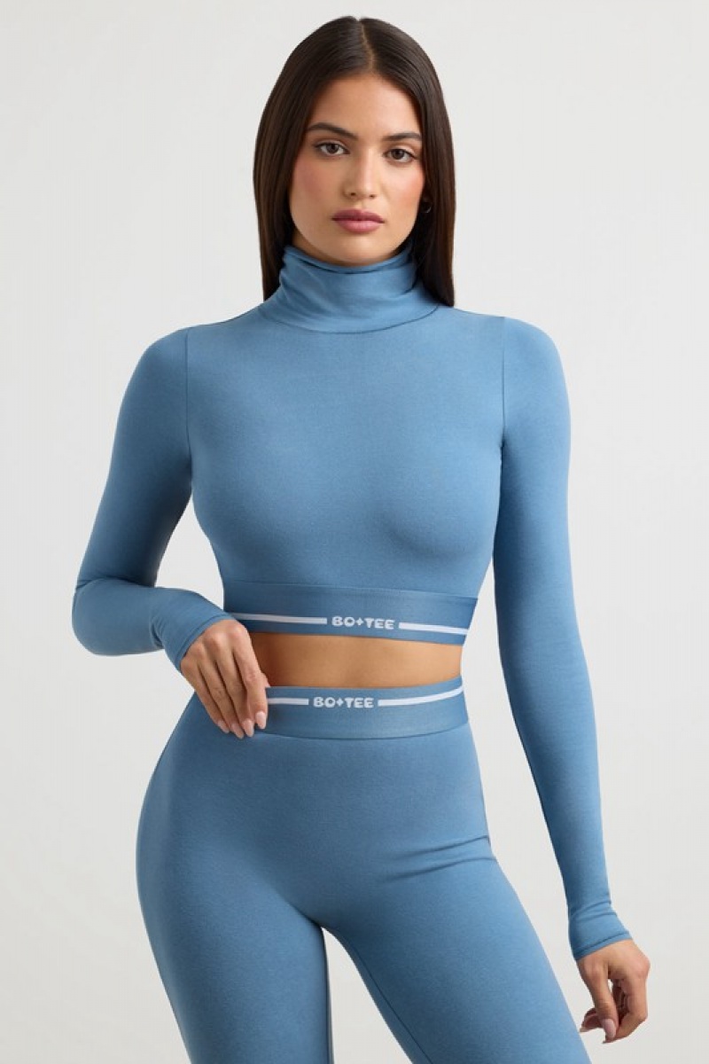 Grey Blue Women's Bo And Tee Turtleneck Backless Long-Sleeve Crop Tops | 40368-VIOD