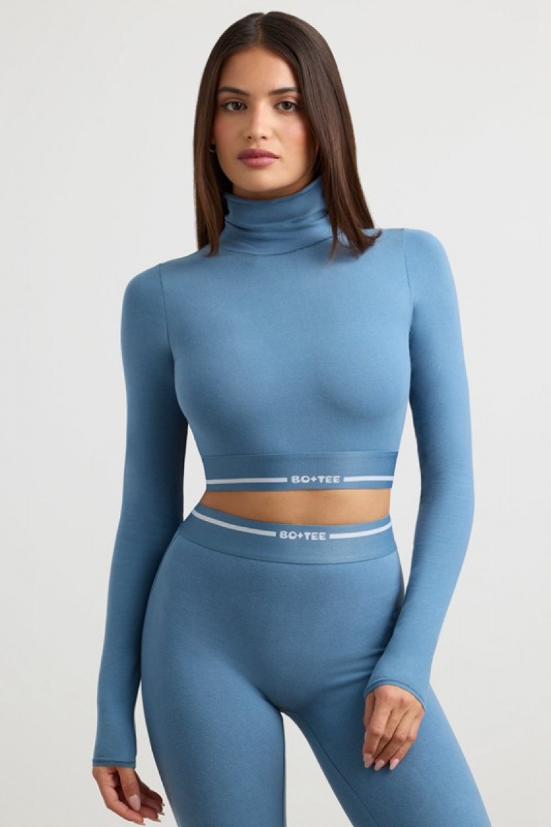 Grey Blue Women\'s Bo And Tee Turtleneck Backless Long-Sleeve Crop Tops | 40368-VIOD