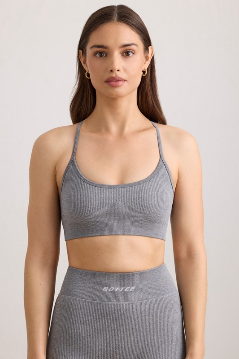 Grey Women's Bo And Tee FlexiRib Scoop Neck Sports Bra | 03718-RFNM