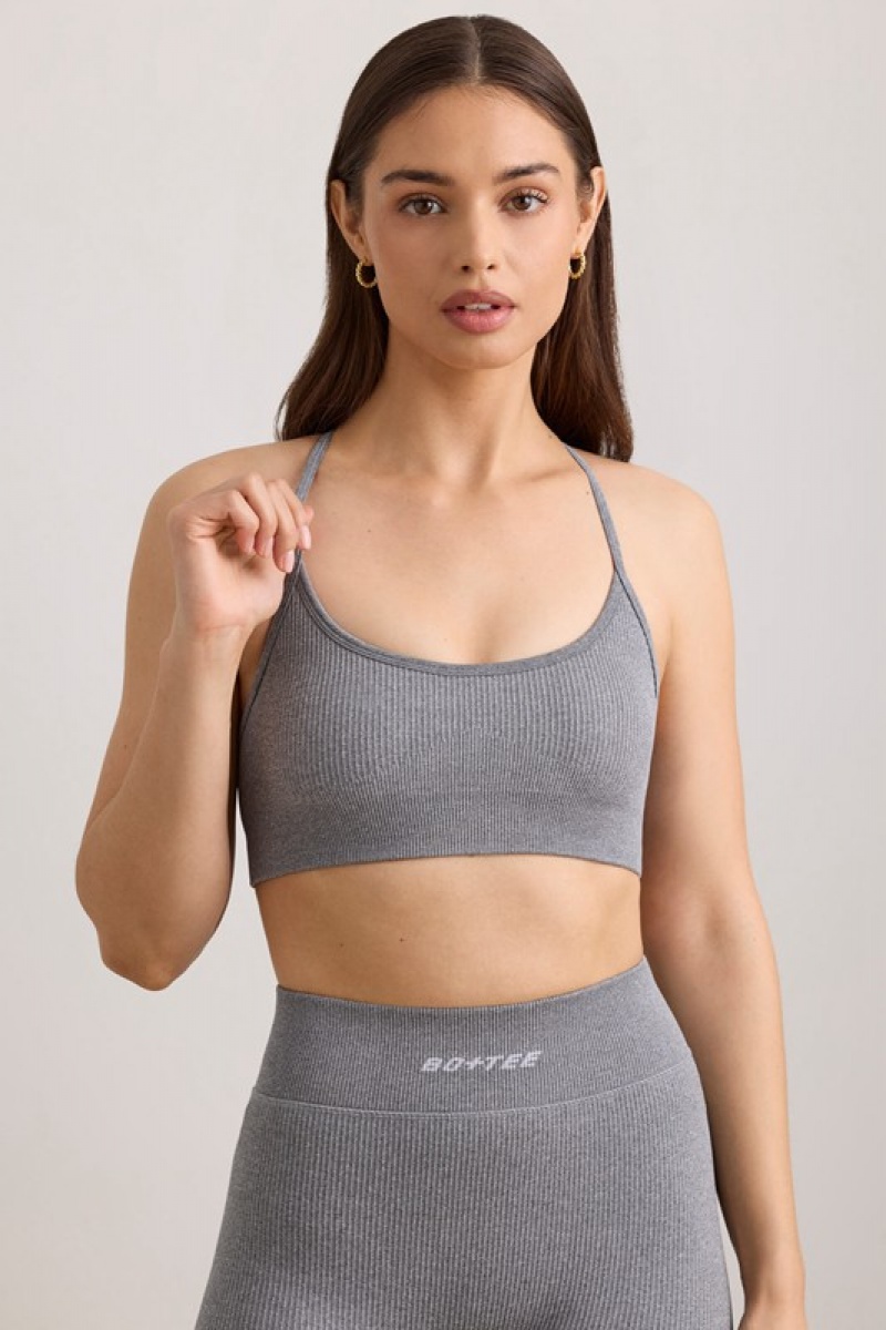 Grey Women's Bo And Tee FlexiRib Scoop Neck Sports Bra | 03718-RFNM