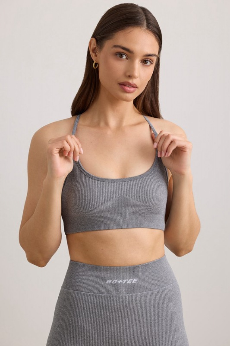 Grey Women's Bo And Tee FlexiRib Scoop Neck Sports Bra | 03718-RFNM