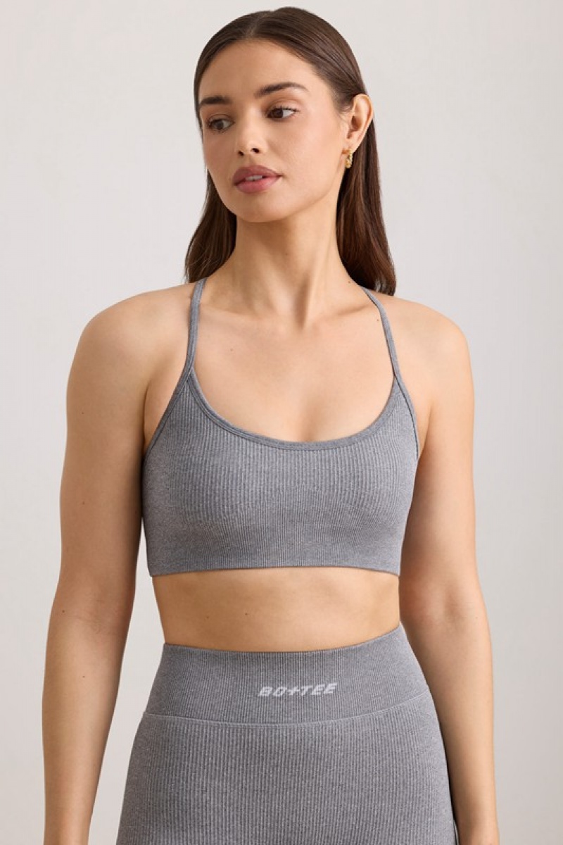 Grey Women's Bo And Tee FlexiRib Scoop Neck Sports Bra | 03718-RFNM