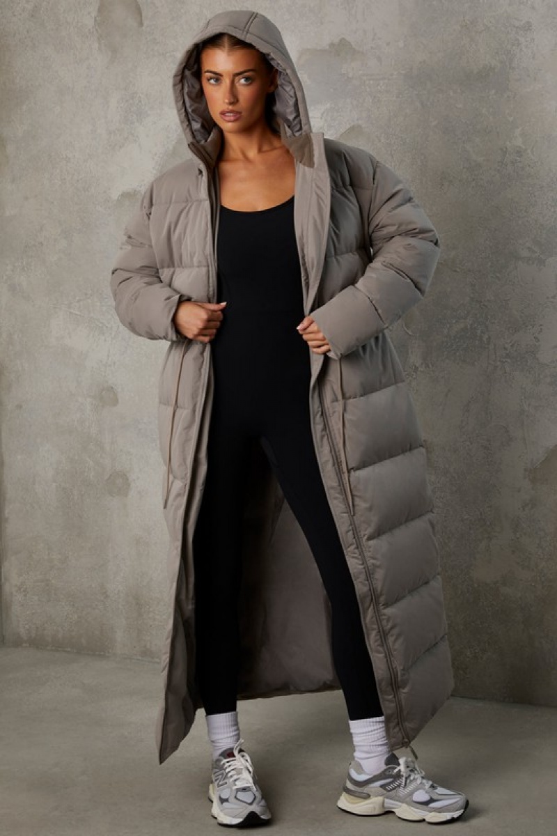 Grey Women's Bo And Tee Full Length Hooded Puffer Coat | 05649-UZLX