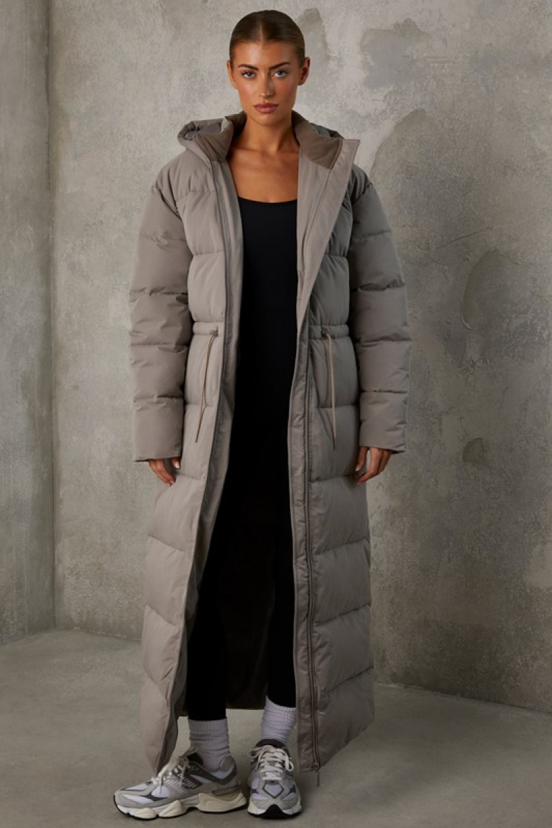 Grey Women's Bo And Tee Full Length Hooded Puffer Coat | 05649-UZLX