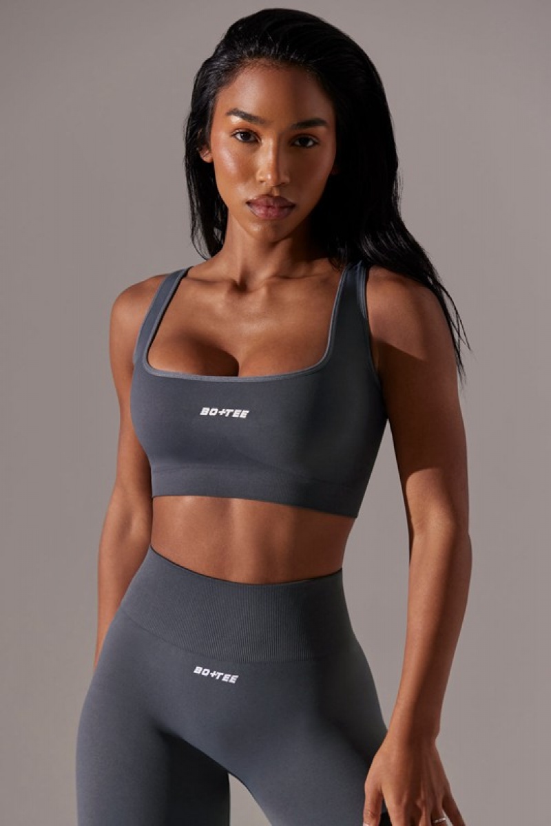 Grey Women's Bo And Tee Open Back Square Neck Sports Bra | 49501-XZVG