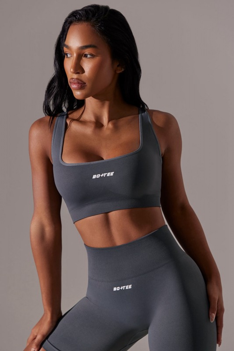 Grey Women's Bo And Tee Open Back Square Neck Sports Bra | 49501-XZVG