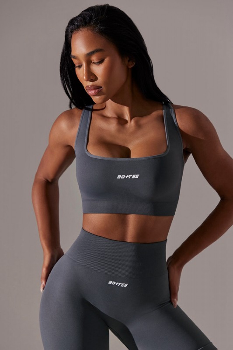 Grey Women's Bo And Tee Open Back Square Neck Sports Bra | 49501-XZVG