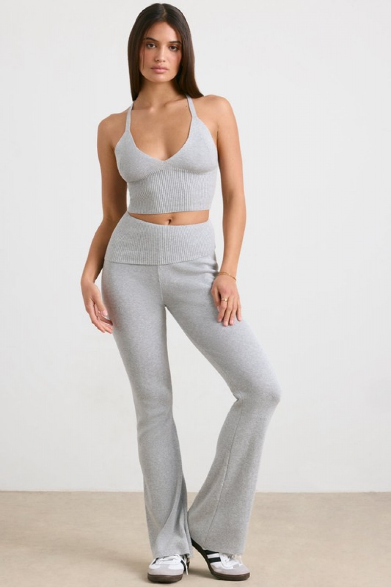 Grey Women's Bo And Tee Petite Chunky Knit Kick Flare Trousers | 92815-LZFB