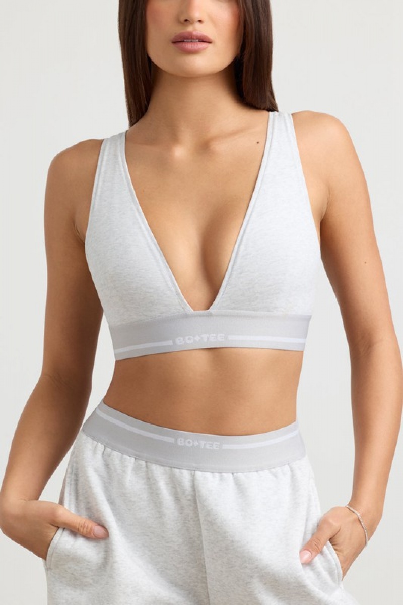 Grey Women's Bo And Tee Plunge-Neck Crop Tops | 58714-VPEQ