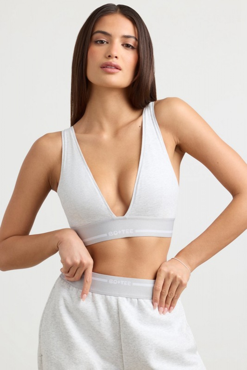 Grey Women's Bo And Tee Plunge-Neck Crop Tops | 58714-VPEQ