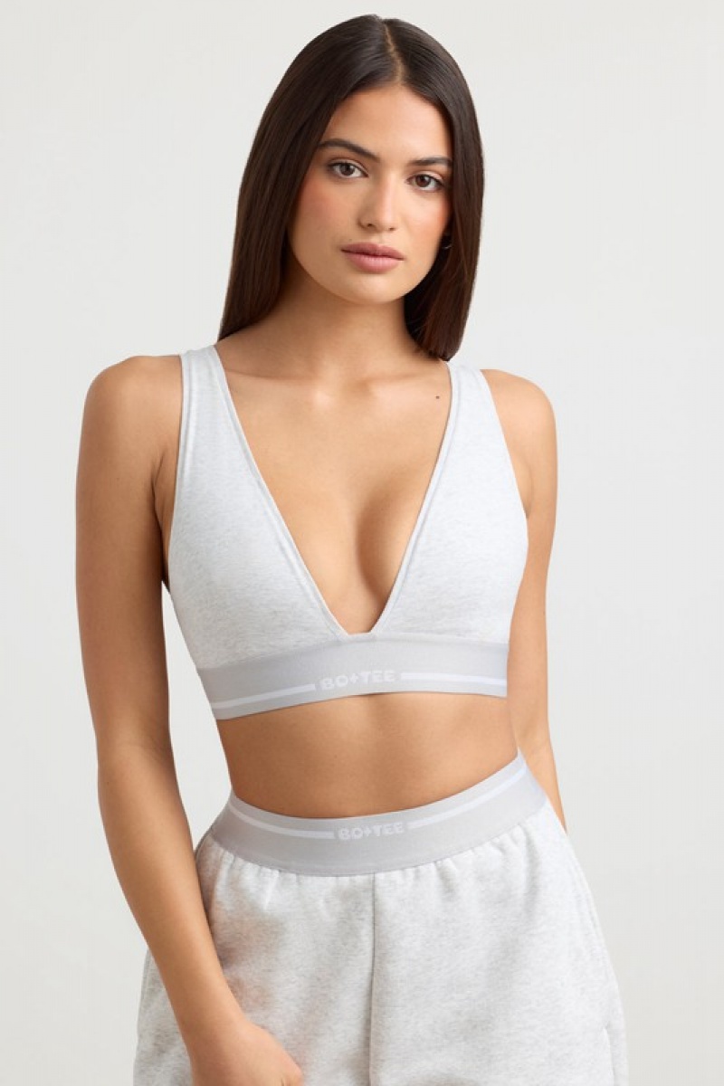 Grey Women's Bo And Tee Plunge-Neck Crop Tops | 58714-VPEQ