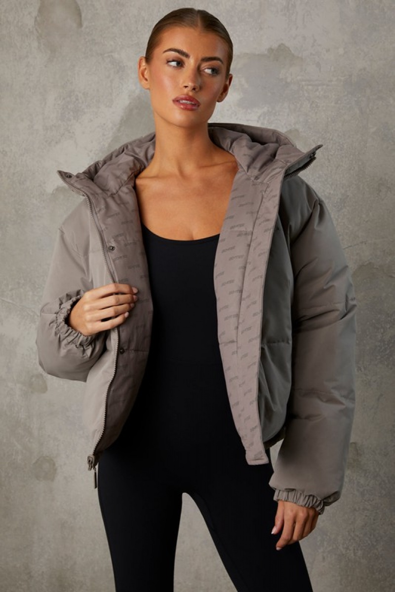 Grey Women's Bo And Tee Reversible Hooded Puffer Jacket | 92173-JFVI