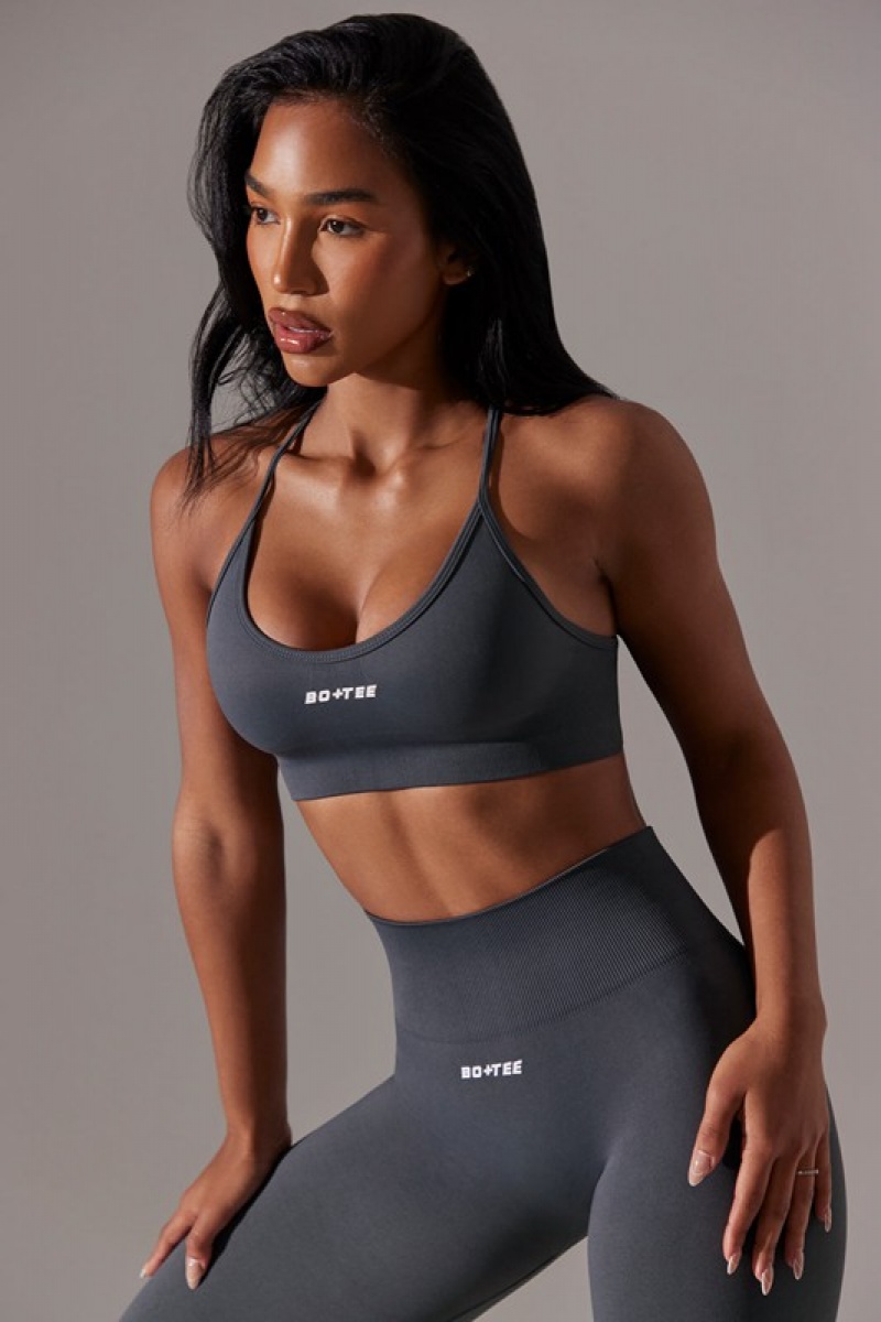 Grey Women's Bo And Tee Scoop Neck Multi Strap Sports Bra | 28037-NVEW