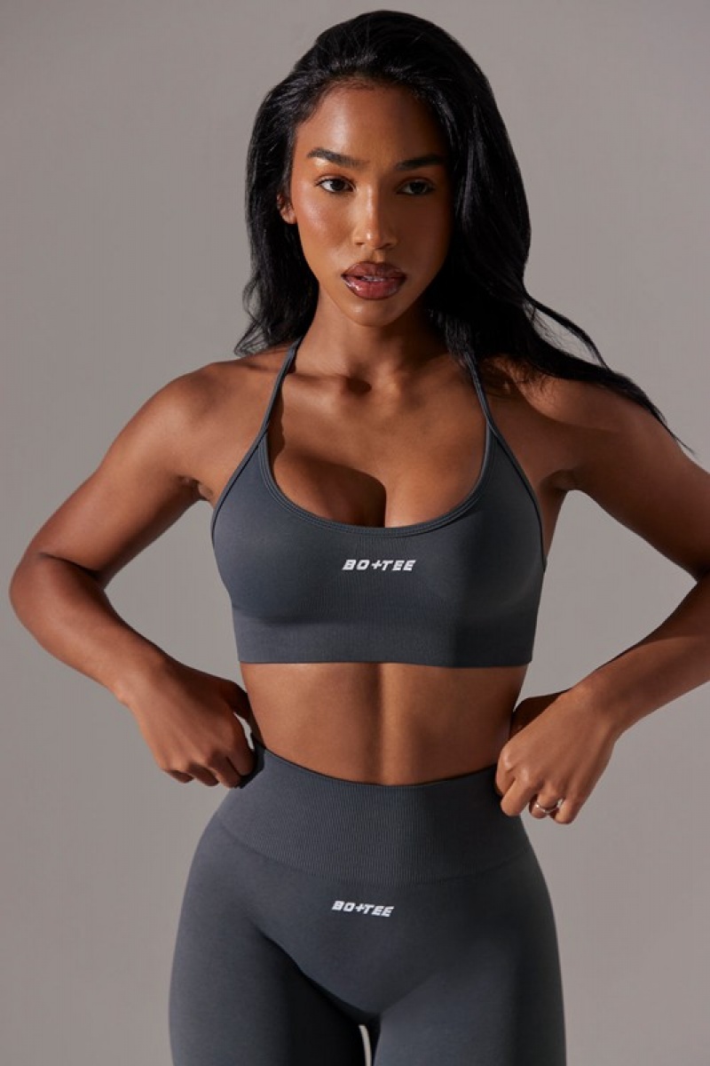 Grey Women's Bo And Tee Scoop Neck Multi Strap Sports Bra | 28037-NVEW