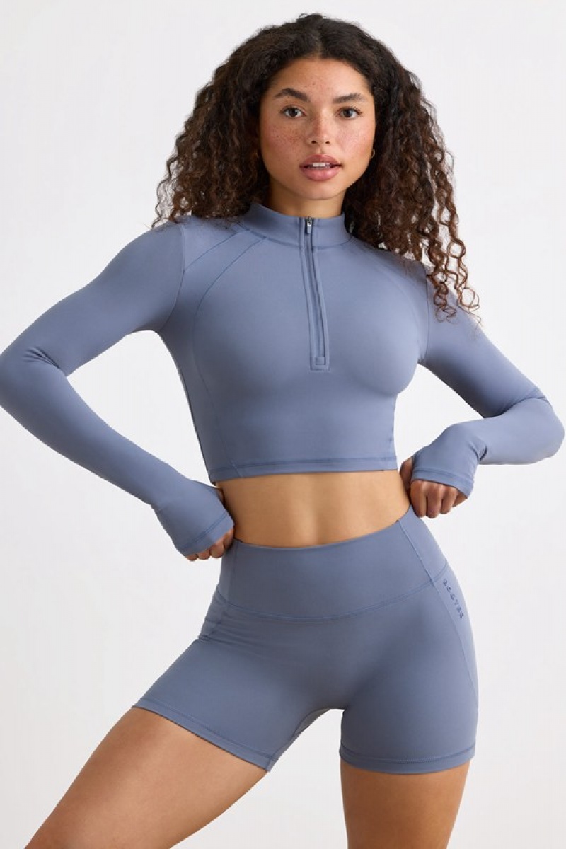 Grey Women's Bo And Tee Soft Active Half Zip Slate Grey Crop Tops | 17528-FTAX