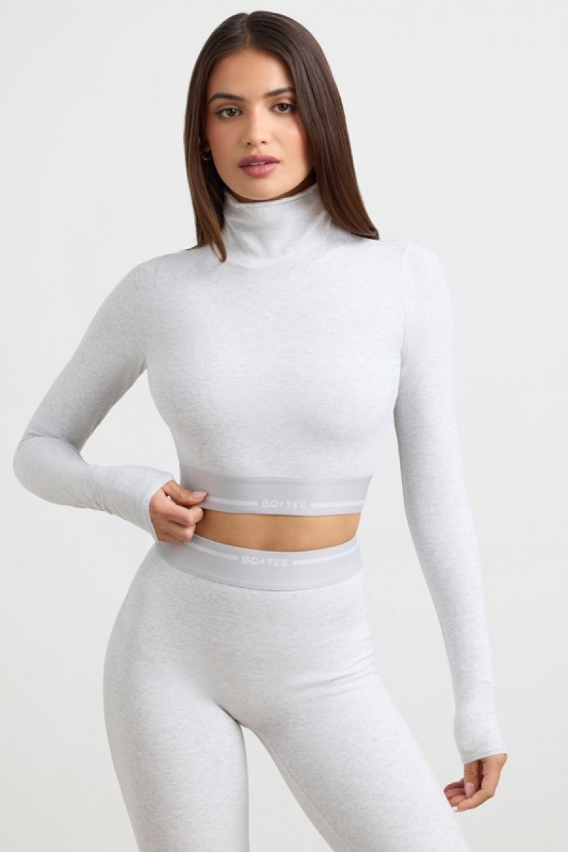 Grey Women's Bo And Tee Turtleneck Backless Long-Sleeve Crop Tops | 53740-TQMU