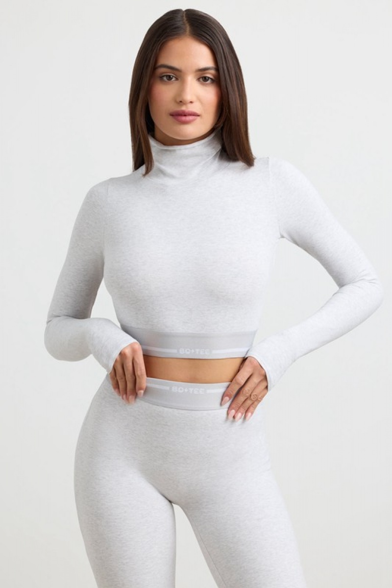 Grey Women's Bo And Tee Turtleneck Backless Long-Sleeve Crop Tops | 53740-TQMU