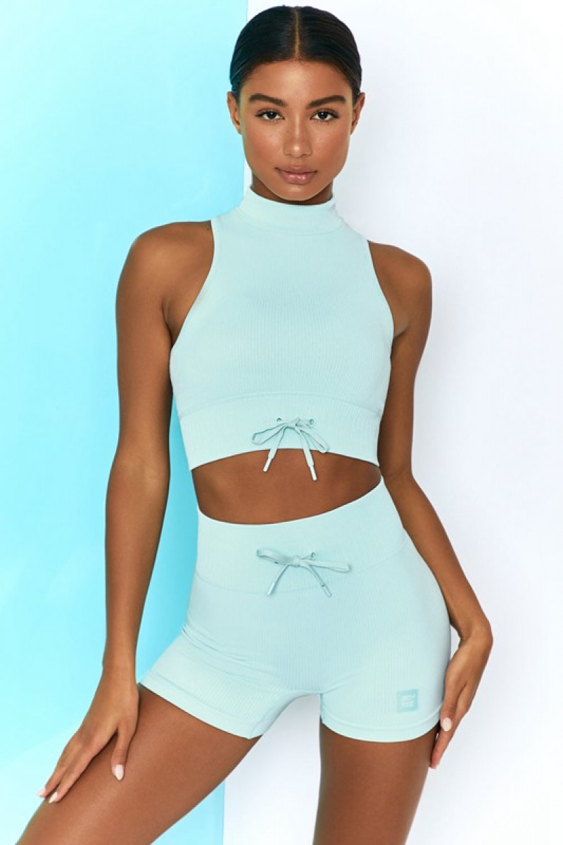 Light Blue Women's Bo And Tee Ribbed High Neck Crop Tops | 56748-KEIF