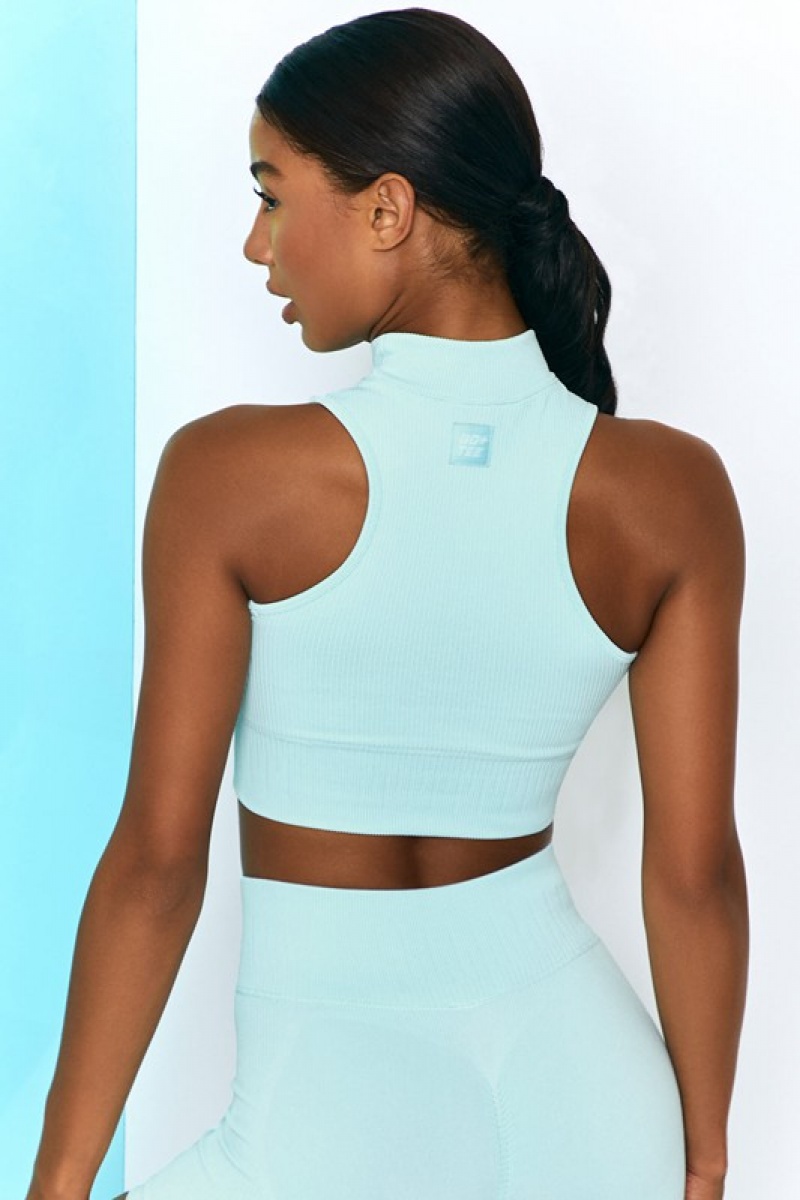 Light Blue Women's Bo And Tee Ribbed High Neck Crop Tops | 56748-KEIF