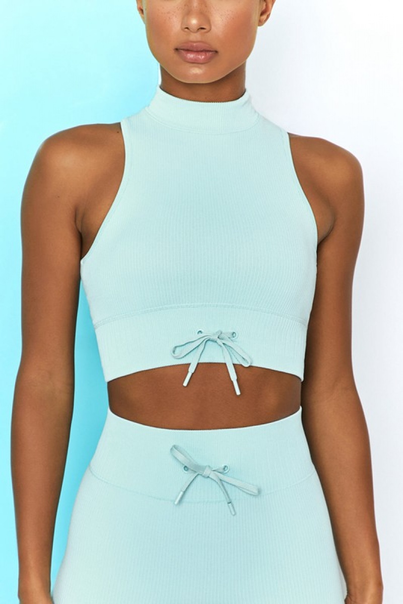 Light Blue Women's Bo And Tee Ribbed High Neck Crop Tops | 56748-KEIF