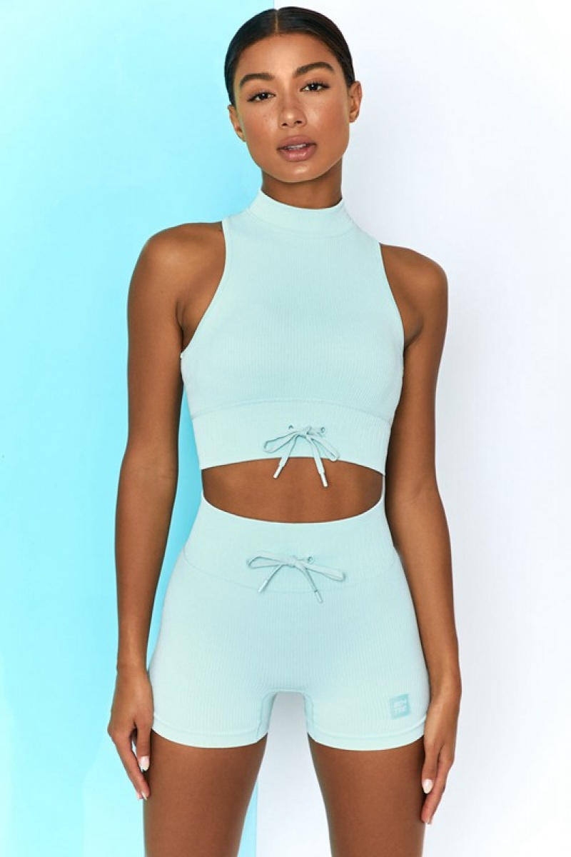 Light Blue Women's Bo And Tee Ribbed High Neck Crop Tops | 56748-KEIF