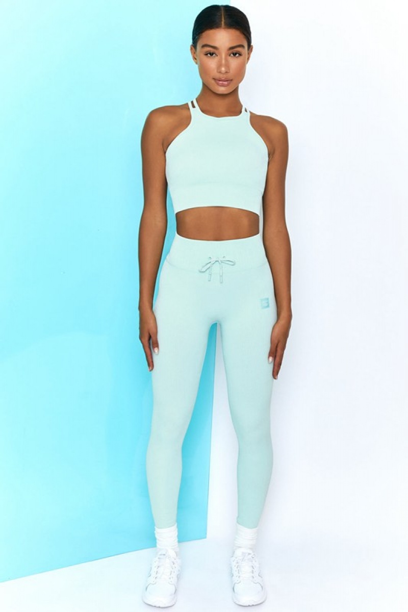 Light Blue Women's Bo And Tee Ribbed Tie Front Full Length Leggings | 57649-NCJP