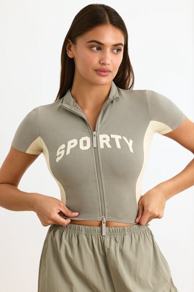 Light Green Women's Bo And Tee Colourblock Zip-Up Crop Tops | 65192-THCX