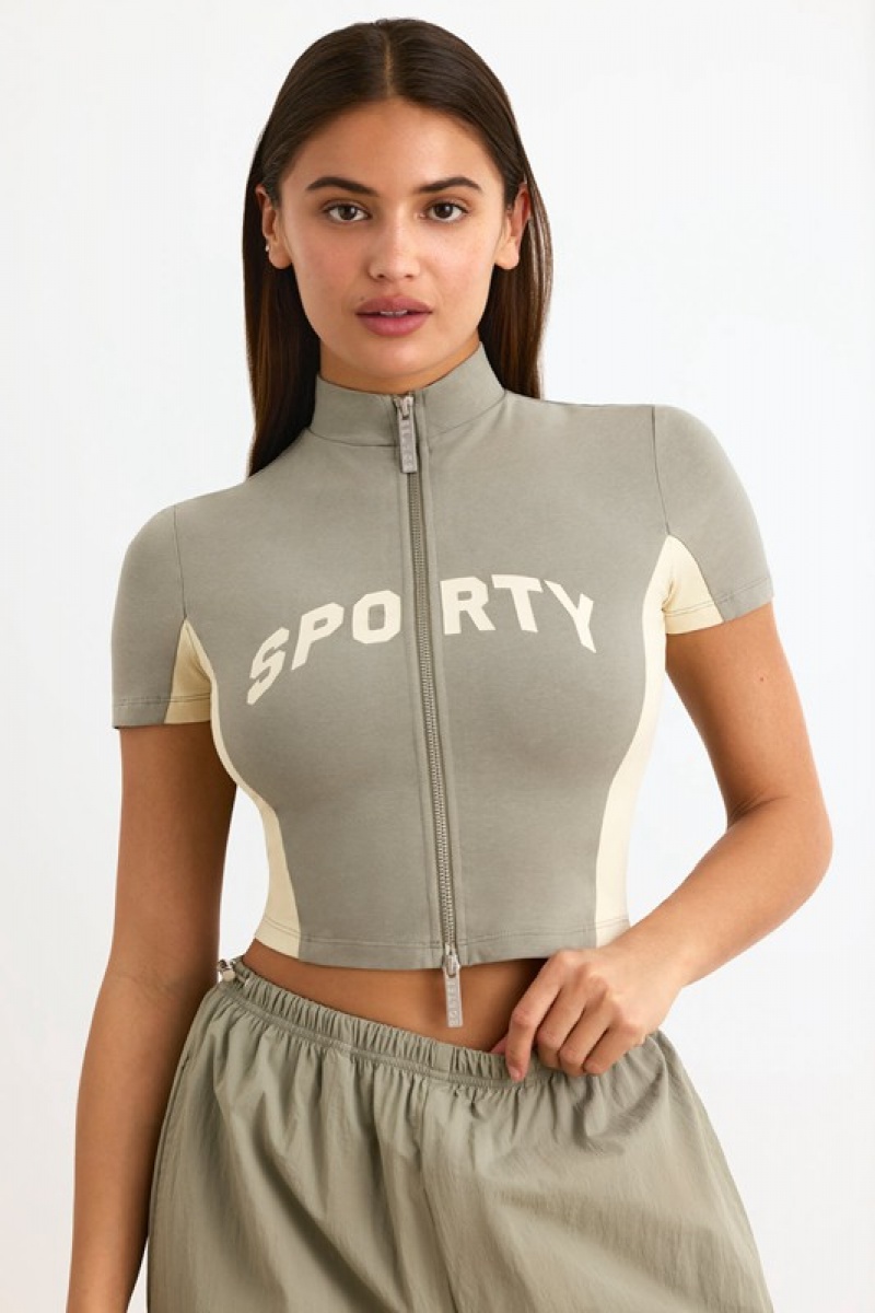 Light Green Women's Bo And Tee Colourblock Zip-Up Crop Tops | 65192-THCX