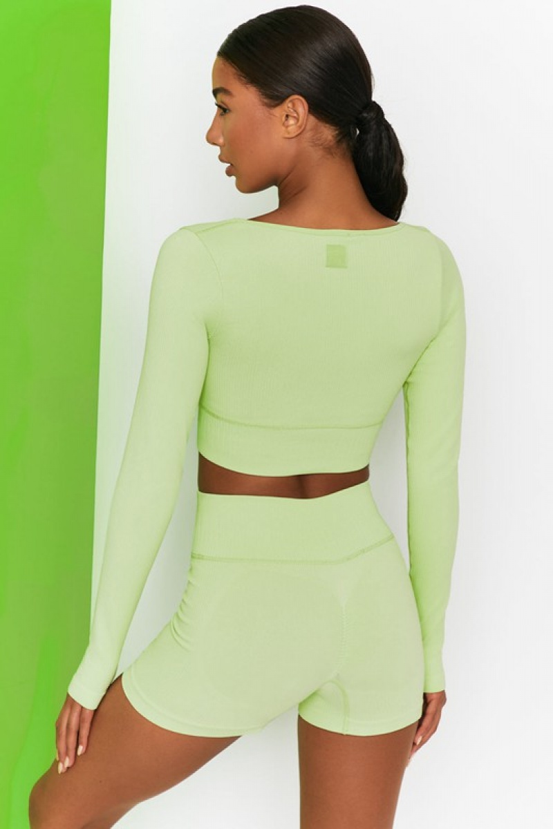 Light Green Women's Bo And Tee Ribbed Long Sleeve Crop Tops | 69387-ESWH