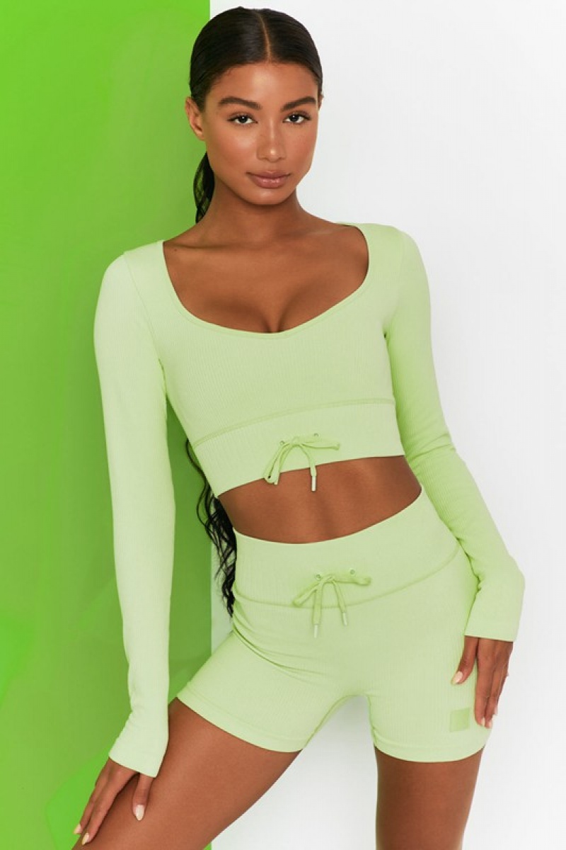 Light Green Women's Bo And Tee Ribbed Long Sleeve Crop Tops | 69387-ESWH