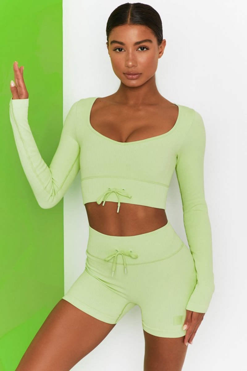 Light Green Women's Bo And Tee Ribbed Long Sleeve Crop Tops | 69387-ESWH