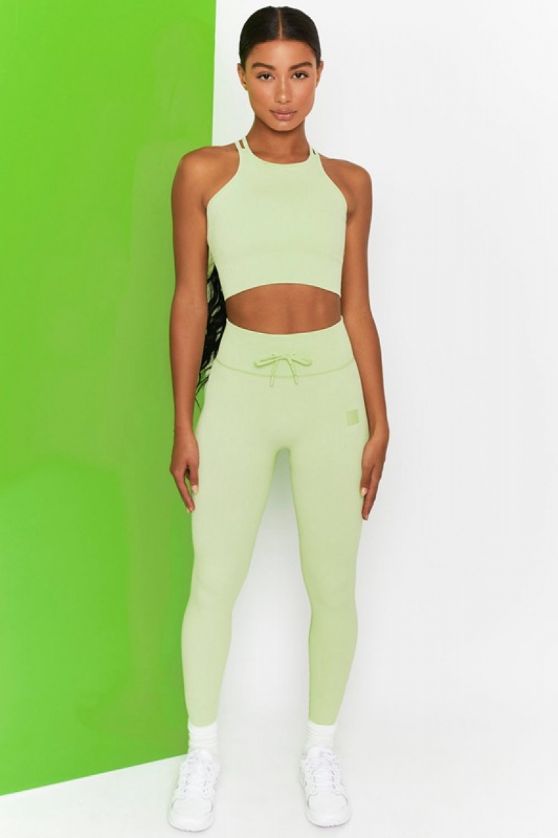 Light Green Women's Bo And Tee Ribbed Tie Front Full Length Leggings | 16758-HFNY