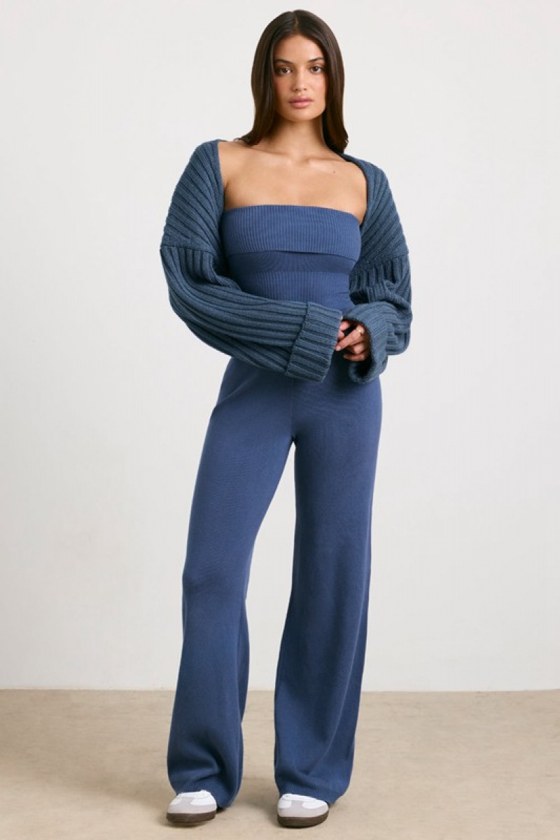 Navy Women's Bo And Tee Petite Chunky Knit Kick Flare Unitard | 02685-SCZF